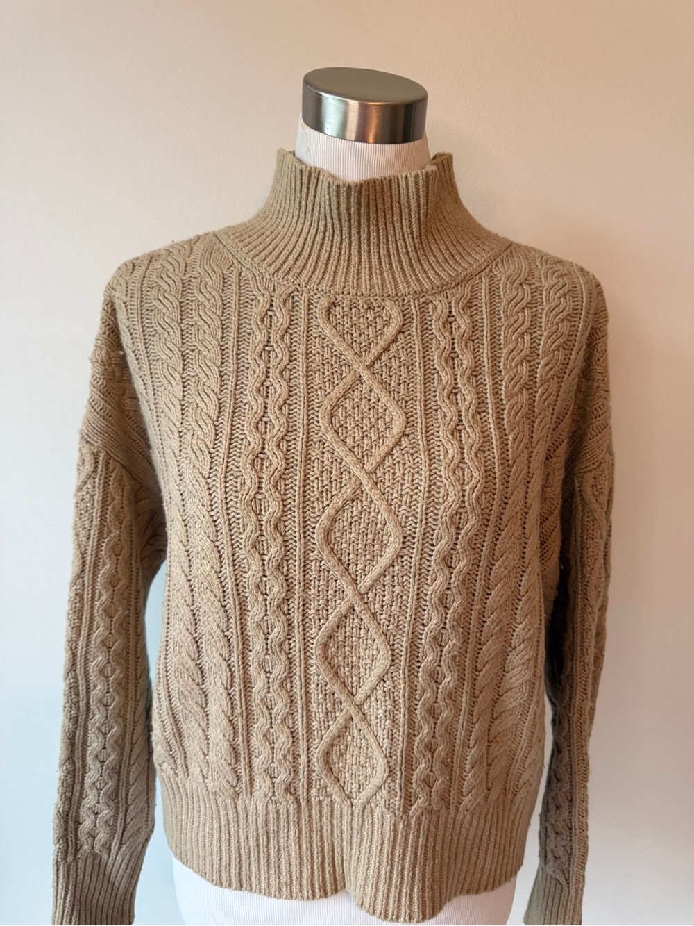 Banana Republic Tan Cable Knit Mock Turtleneck Fisherman Sweater, size Medium - Picture 3 of 16